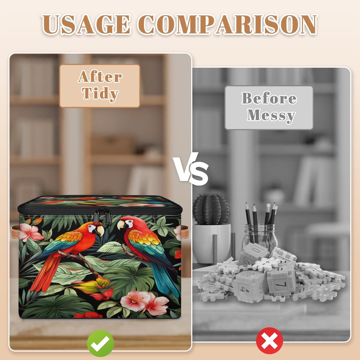 Storage Bin Set of 2 Tropical Parrot Storage Basket with Zipper Lid & Handle Foldable Closet Shelf 2 Pack Cloth Organizer Basket Cube Bins Clothes Organizer for Bedroom, Nursery