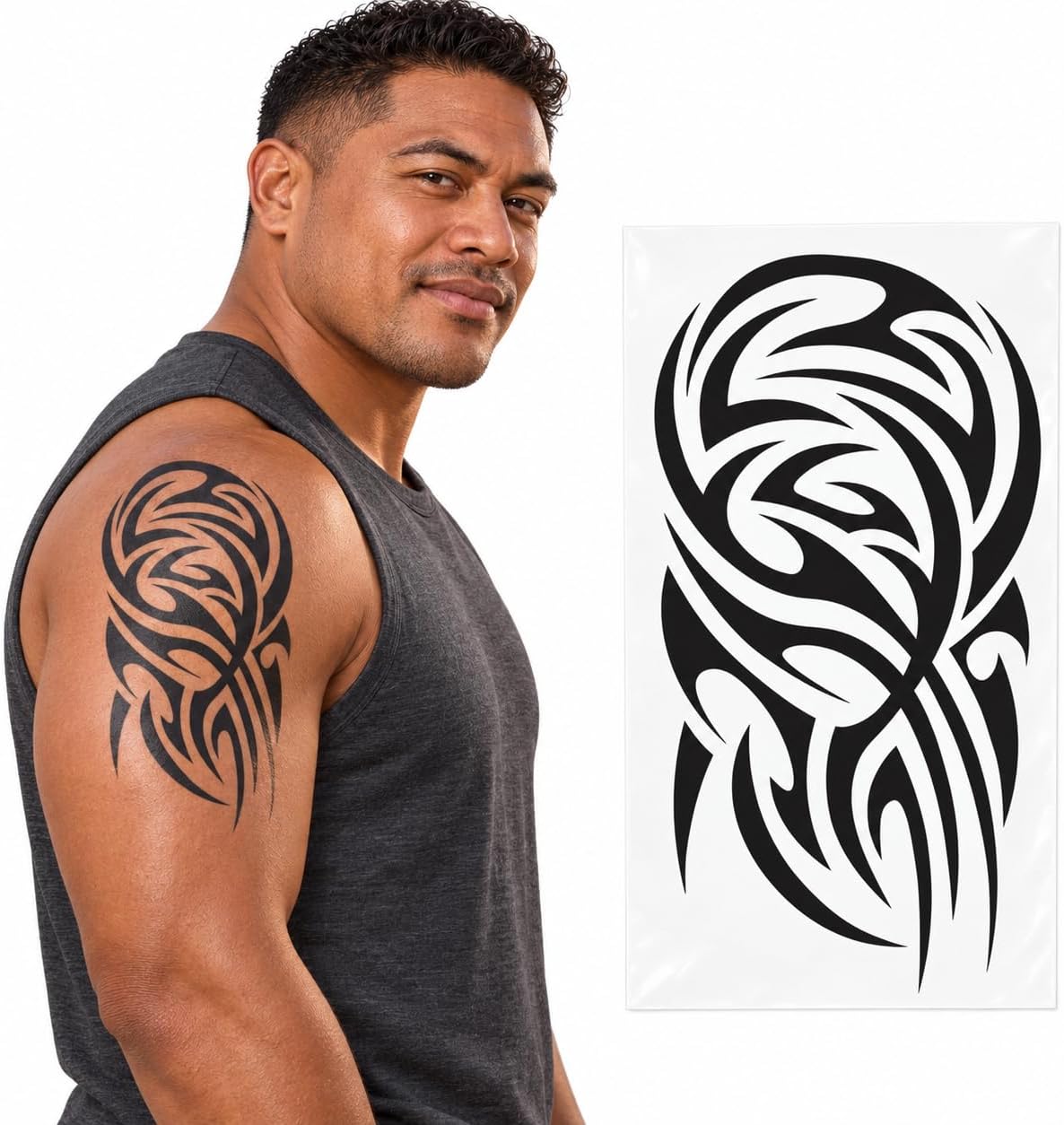 2x Temporary tattoo stick on black maori tribal body art sticker transfer for arms shoulder Aztec Polynesian Samoan Hawaiian for adult men and women… (Aztec)