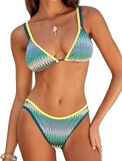 ZAFUL Women Halter Dual Straps Whip Stitch Floral Triangle Bikini Swimsuits | Color Block Whip Stitches Trim, Halter Dual Shoulder Straps, Popular Floral Print, Cheeky Bikini Bottom, Tie Back