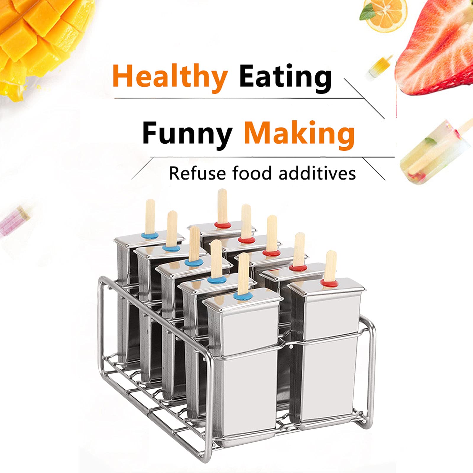 Molde para Paleta de Hielo, Molde para Helado con 10 Unidades Molde de Acero Inoxidable Popsicle Molde Pop Molde Metal Bandeja Reefrigerator Necesario Accesori,B