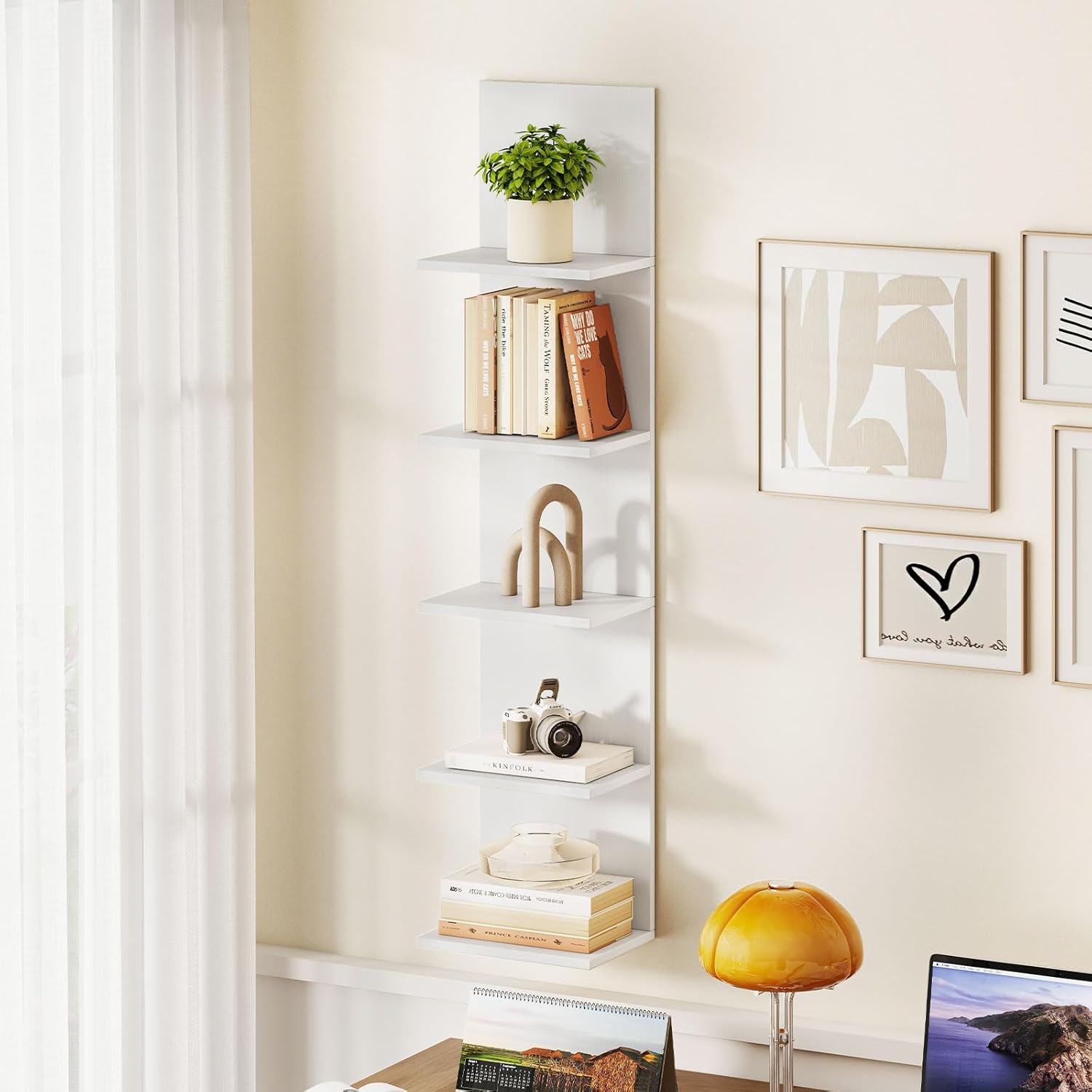 LOKO 5-Tier Wall Shelf, Vertical Column Storage Organizer with Expansion Screws, Decorative Wall Mounted Shelving, Floating Wooden Display Shelf for Living Room, Kitchen, Bathroom (1,White)