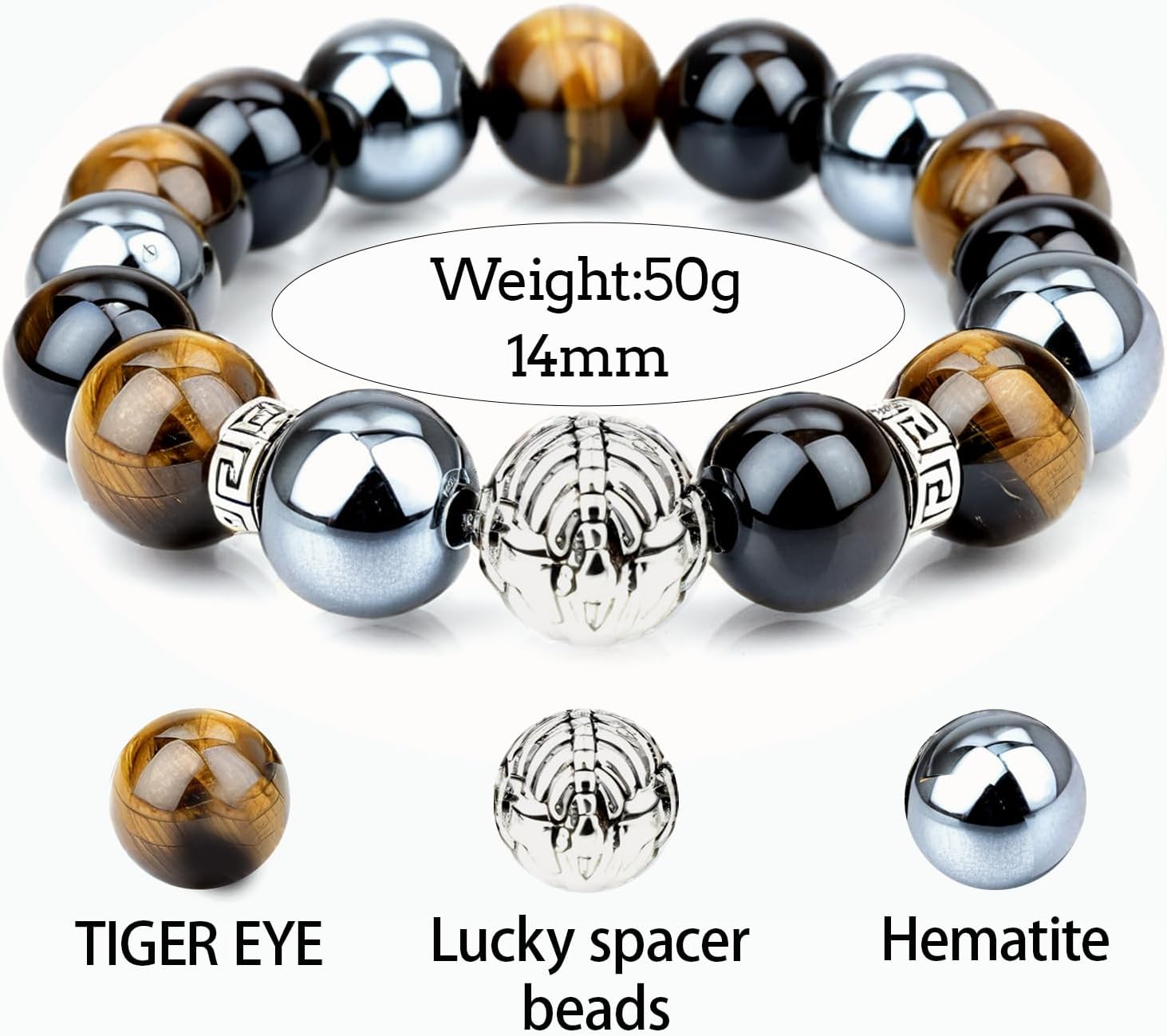 Large 14mm Tiger's Eye Obsidian Hematite Triple Protection Bracelet - Lucky Spacers Unisex Stretch Bracelet, Blessing Healing Jewelry, Great Gift Choice for Parents/Partners/Employees - Image 4