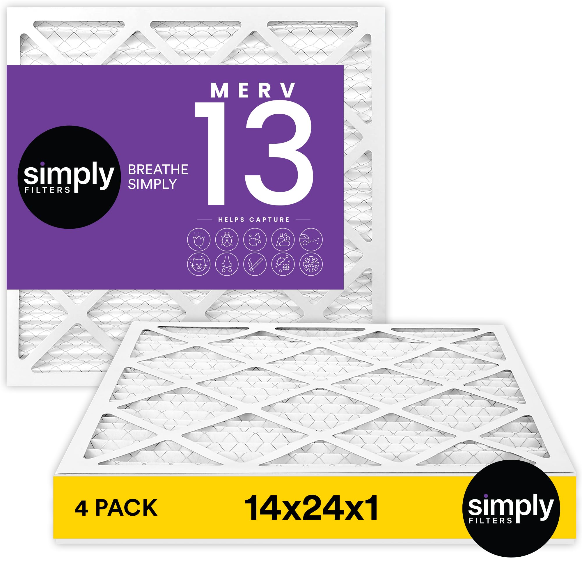 Simply 14x24x1 Air Filter, Merv 13, MPR 1500, 4 Pack, For Home AC Furnace & HVAC (Actual Size: 13.75"x23.75"x0.75") DUST, Pet, & Allergy Control