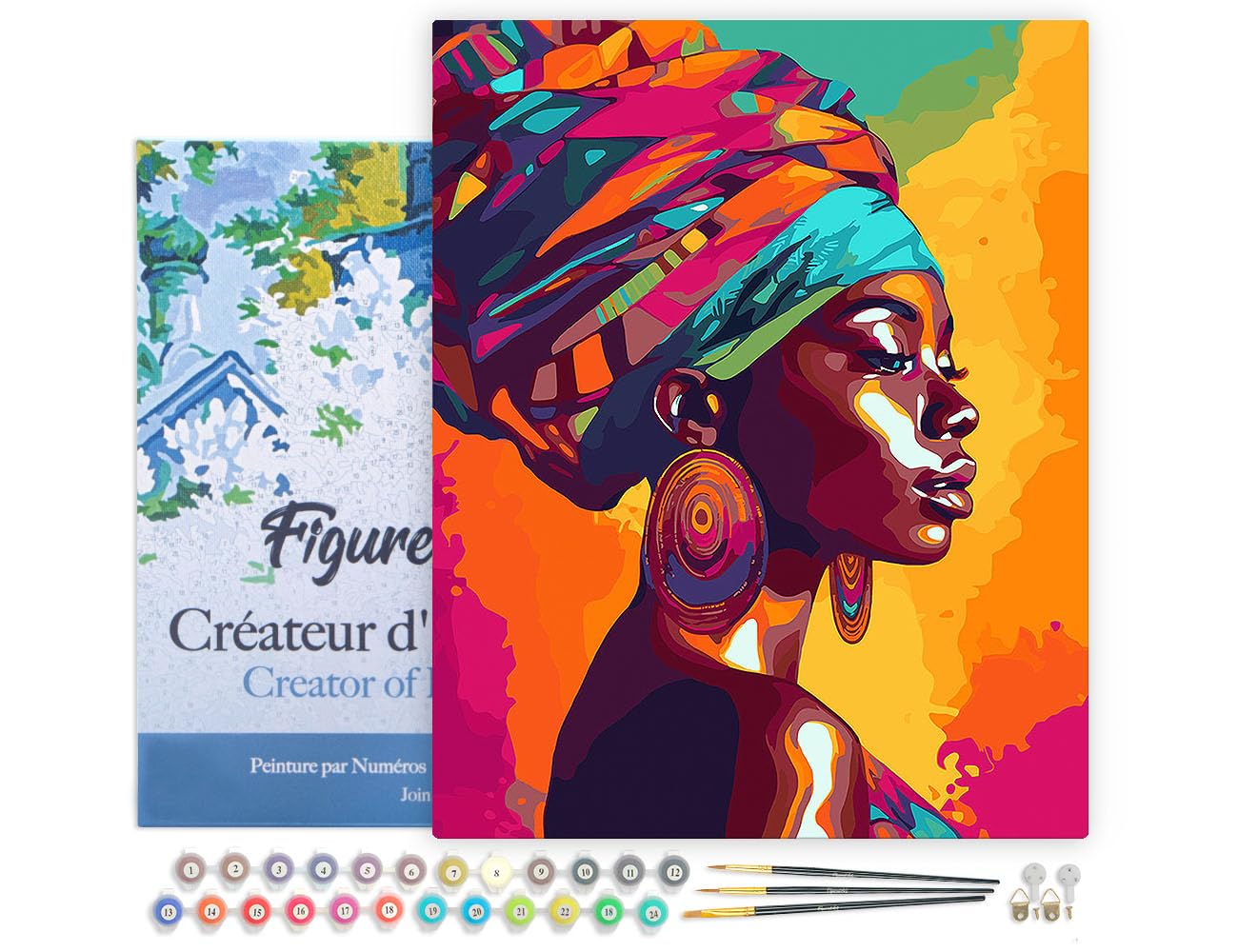 Figured'Art Peinture par Numéro Adulte avec Cadre Dame africaine lumineuse - Activité Manuelle Kit de Loisir Créatif DIY Numéro d'Art Complet - 40x50cm toile tendue sur châssis