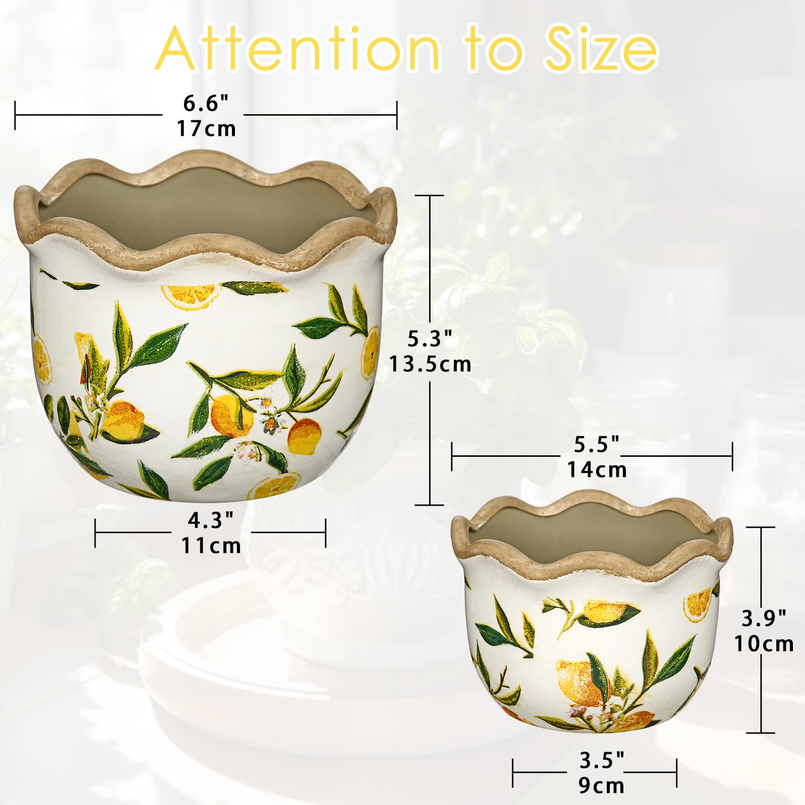 2er Set Keramik Blumentöpfe mit Vintage Zitronenmuster Wellenkanten-Design mit Drainageloch-Untersetzern für Zimmerpflanzen/Sukkulenten, Retro-Dekoration für Gartenbehälter-Sets im Freien, 17cm/14cm