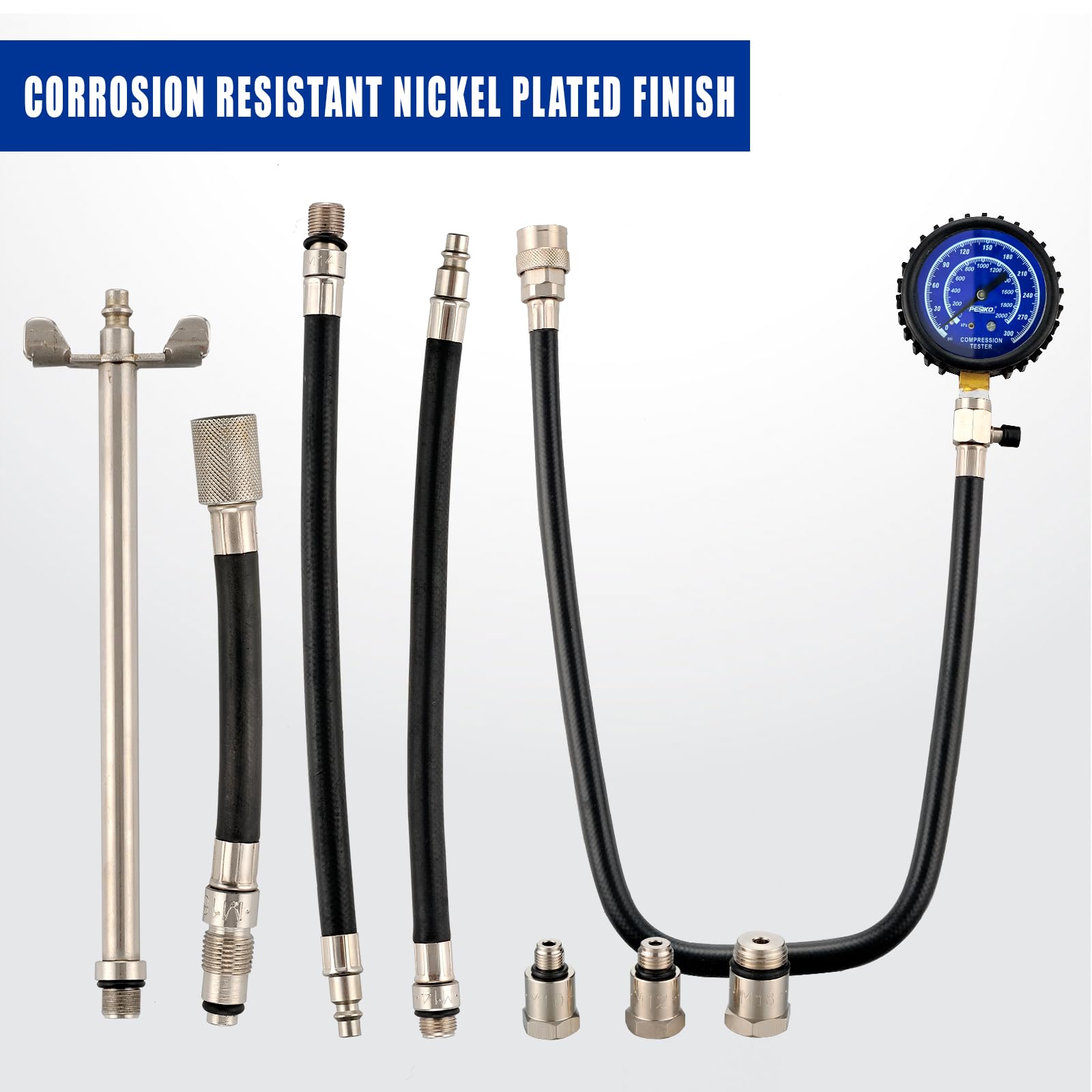 Kompressionstester Set 0-300 psi / 20.7 Bar für Benzin-Motoren, Kompressionsprüfer Zylinder-Kompressionstester mit Zündkerzen-Adaptern als Druckverlustprüfer