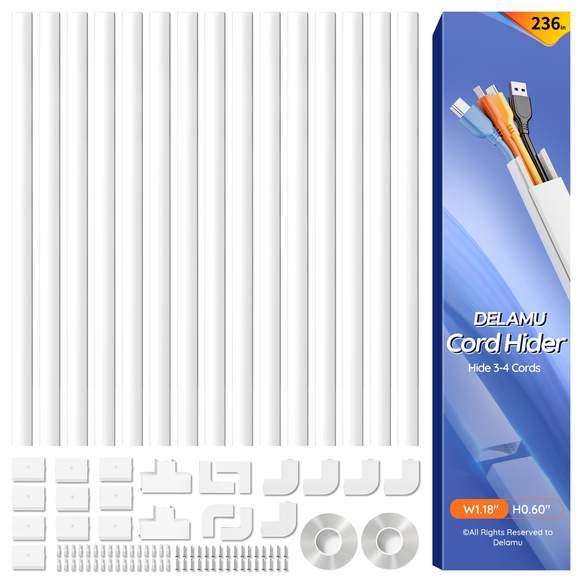 Delamu Electric Cable Trunking, 6M Cable Cover Wire Hiders for Wall, Self Adhesive Wire Trunking, Cable Management to Hide 3-4 Power Cords in Home Office, 15X L400mm, W30mm, H17mm, White — image 1