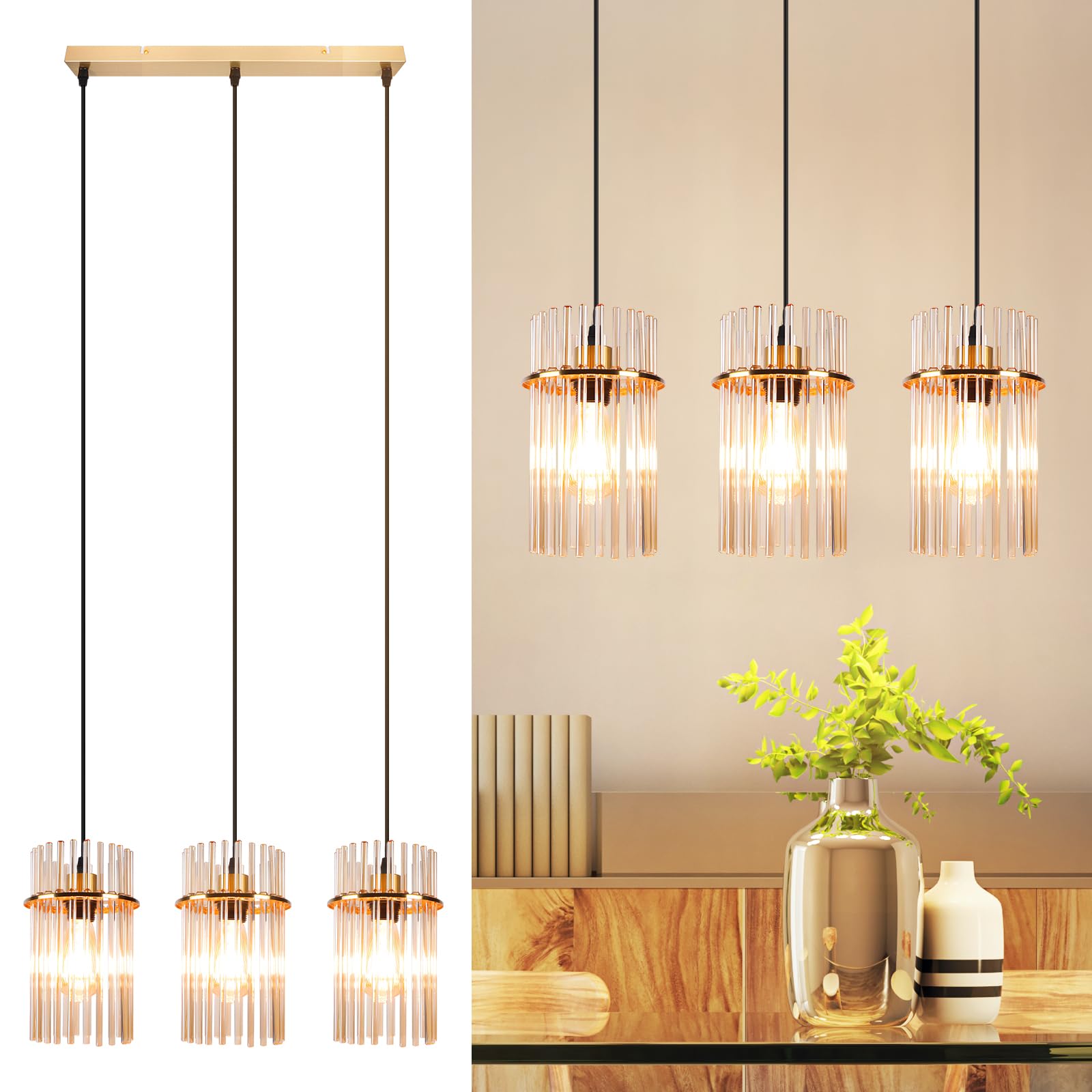 Suspension Luminaire 3 Lampe Verre Lustre Cuisine Doré E27