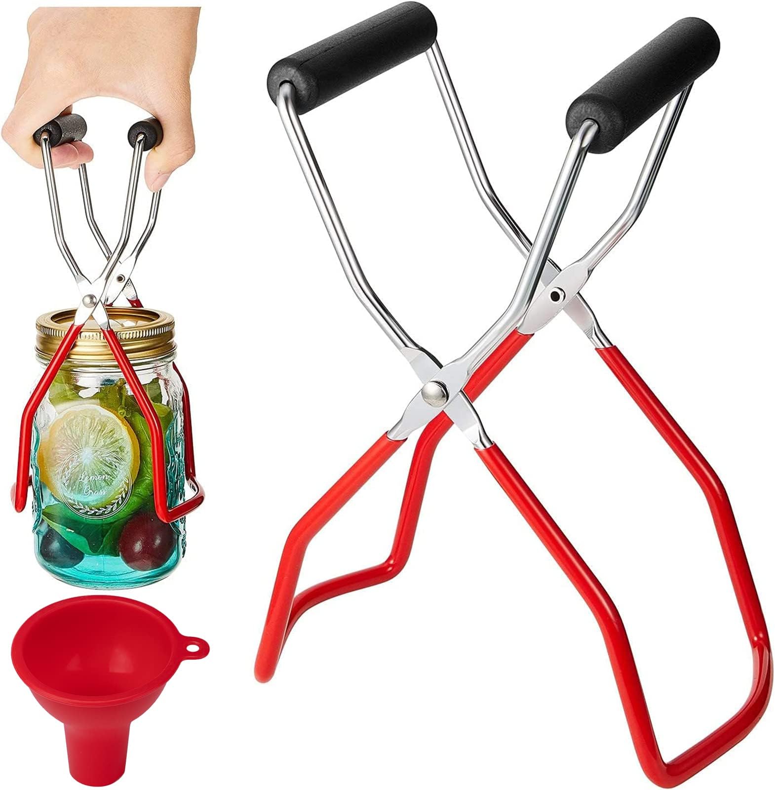 Canning Jar Lifter Tong Stainless Steel Jar Lifter with Grip Handle for Safe and Secure Grip Non-Slip Jar Lift Tong for Home Kitchen with a Wide -Mouth Silicone Funnel