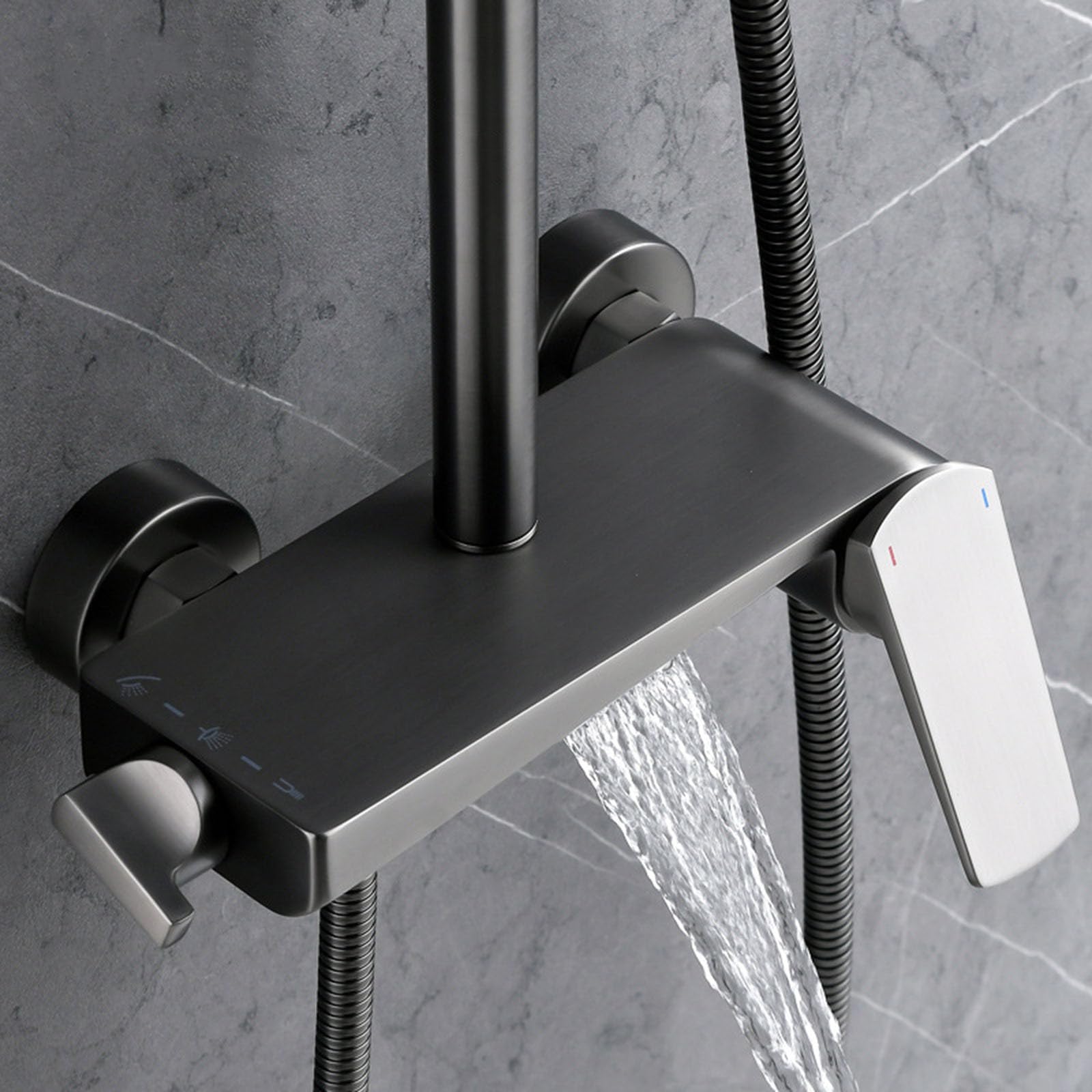 Kit Doccia a Muro con Soffione Rettangolare Miscelatore Cascata e Doccetta | Grigio Canna di Fucile Nucleo Della Valvola in Ceramica, Distanza Dei Fori Regolabile Da 13,5 a 16,5cm