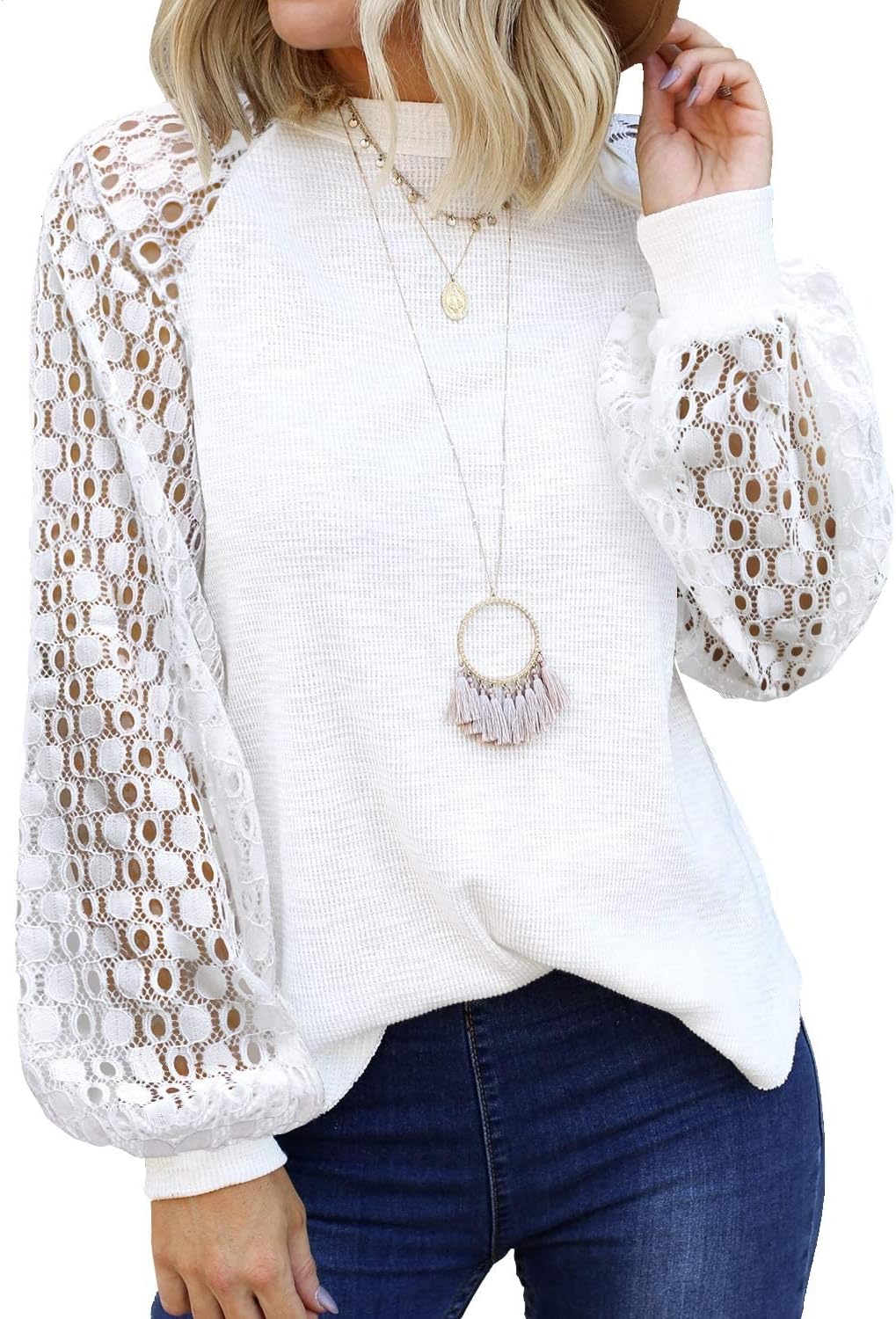 MIHOLLWomen’s Long Sleeve Tops Lace Casual Loose Blouses T Shirts