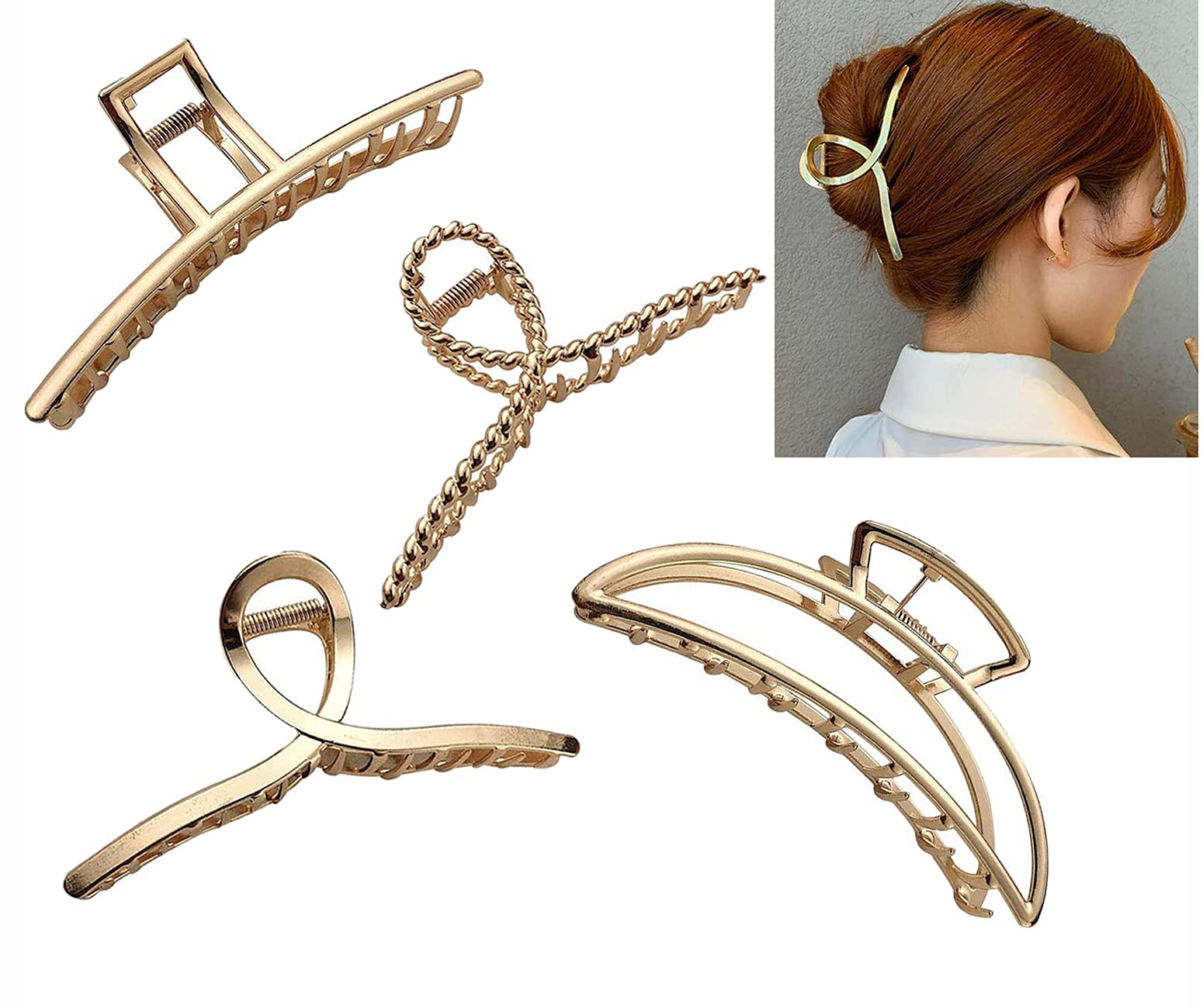 Yplun Easy Pulling Up Non-Slip Metal Hair Claw Clips for Women (Gold, Set of 4 Pieces, Large)