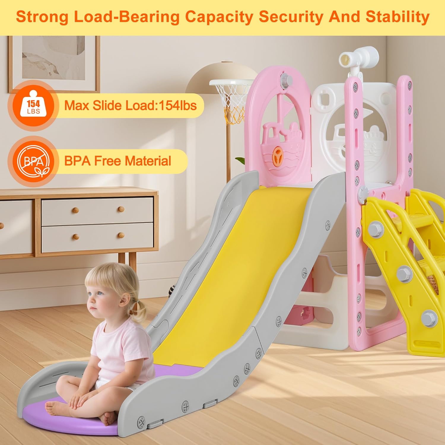 6 in 1 Toddler Playset Toddler Slide and Climber Playset, L-Shaped Kids Slide with Basketball Hoop, Telescope & Storage, Sturdy Indoor Outdoor Playground, for Boys Girls 1-3+