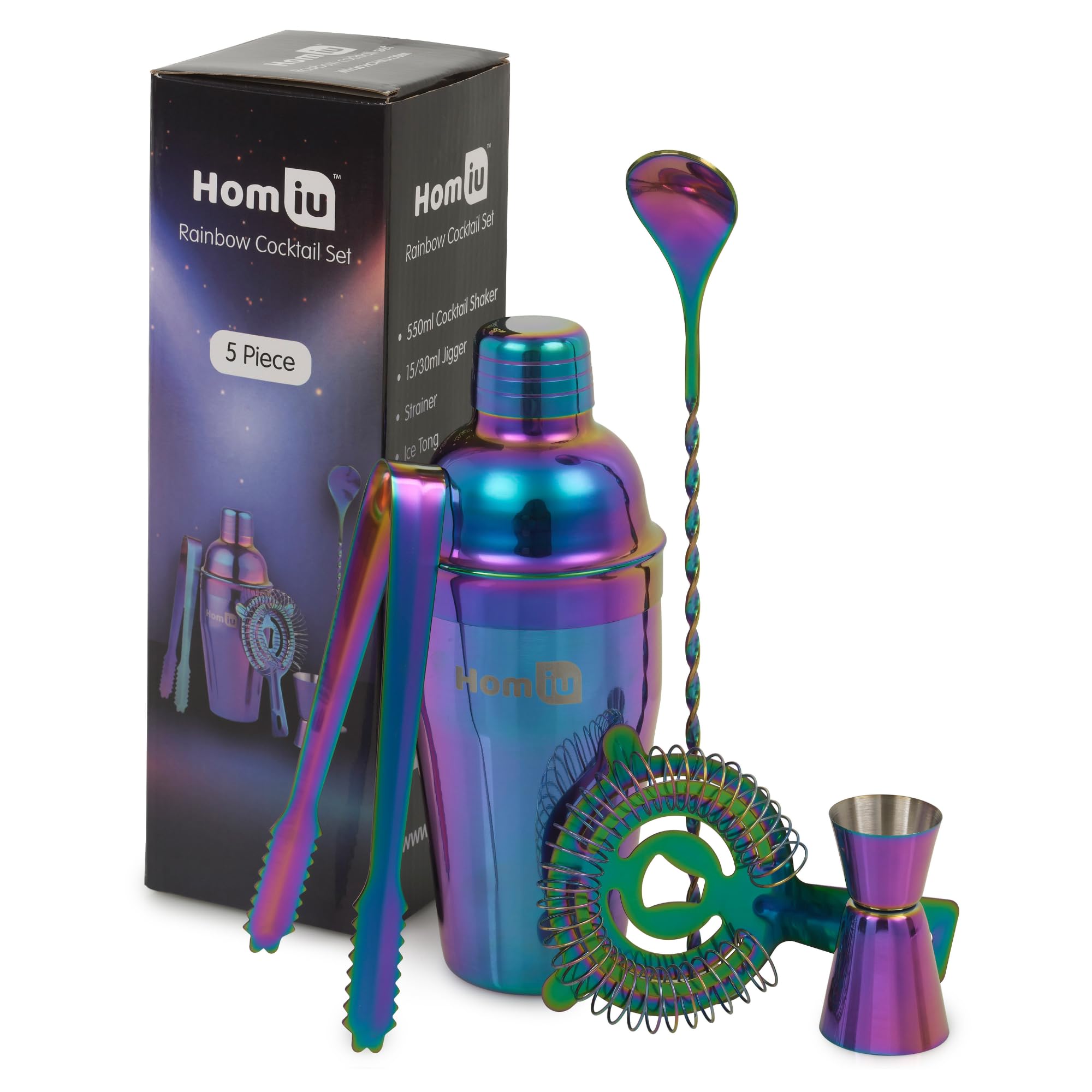Homiu Women's Rainbow Cocktail Maker Set 5-Piece Stainless Steel Cocktail Shaker Iridescent Finish, Bartender Kit, Contains Shaker, Ice Tongs, Strainer, Double Jigger, Bar Spoon And Drink Recipe Book