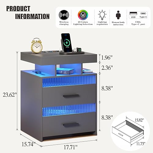 Miniatura 2 de HWB Mesita de noche inteligente RGB con estación de carga inalámbrica USBtipo C y luces LED con sensor humano, mesa de sofá moderna para sala de