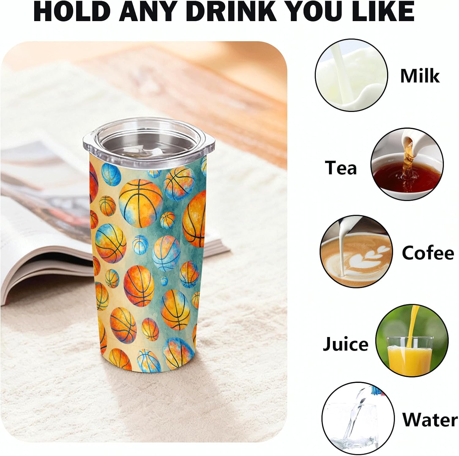 Basketball Tumbler 20oz Vacuum Insulated Stainless Steel Travel Mug with Sliding Lid & Straw, Sweat-Proof, Cup Holder Friendly, Watercolor Gift for Players, Boys, Coach, Senior Night - Image 5