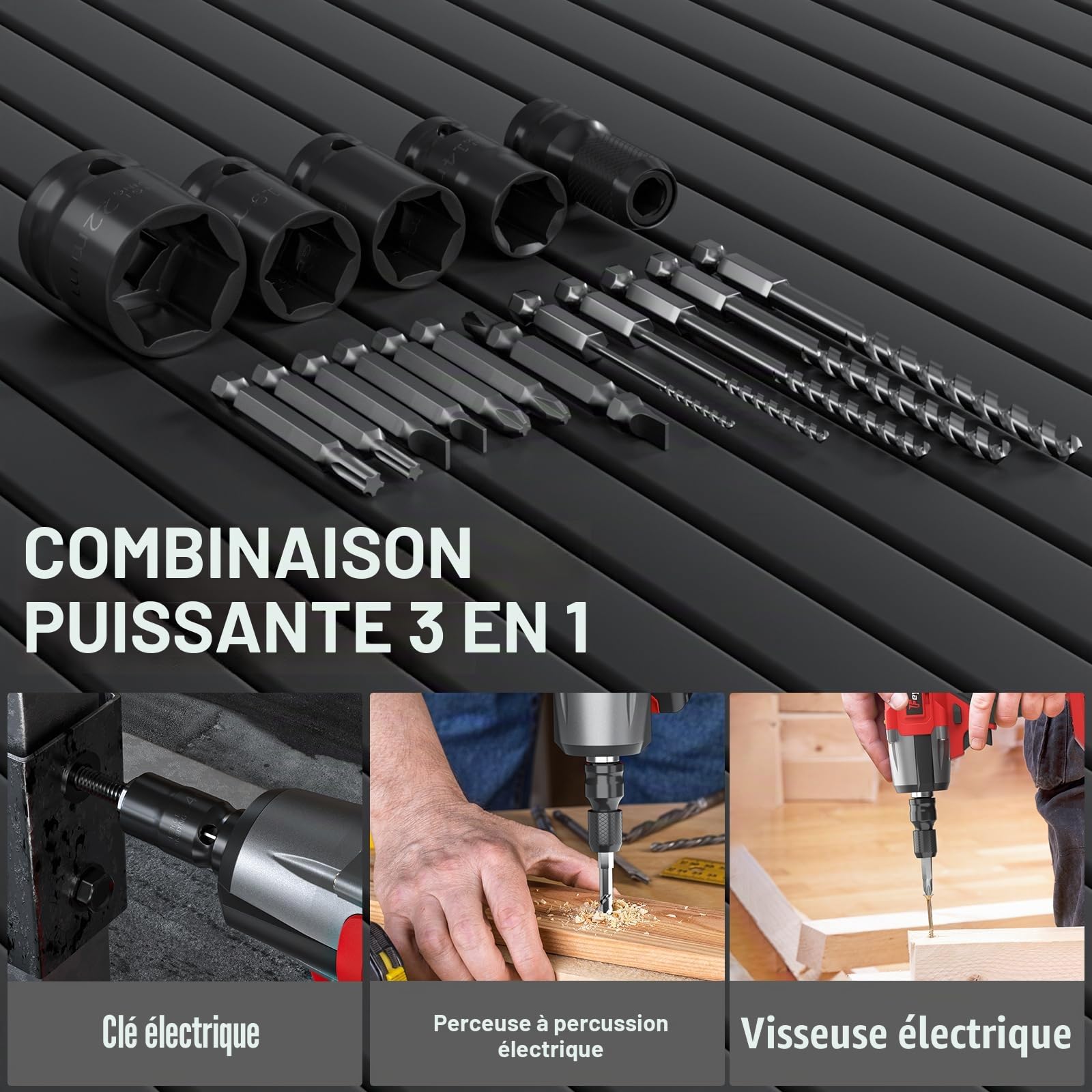 Clé à chocs sans fil, pistolet à chocs électrique sans balais 1/2 pouce, clé électrique 2500 tr/min, couple maximum de 550 N.m avec 4 prises, 12 embouts de tournevis, batterie 4.0
