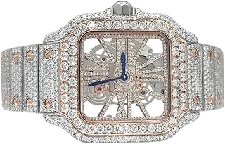 Men's Iced Out Automatic Watch, Two Tone Silver Rose Gold Skeleton Dial Luxury Watch, Round Cut Simulated Diamond Style Stainless Steel Bracelet, Square Case Statement Wristwatch