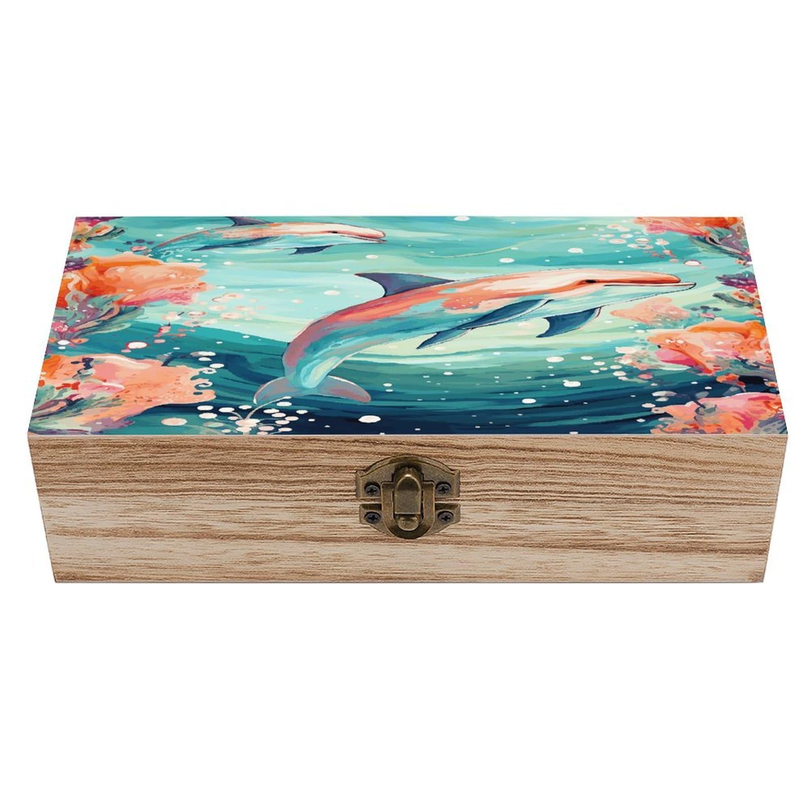 FekiLoot Lovely Dolphins Wooden Box with Hinged Lid Vintage Storage Box Beautifully Wood Keepsake Boxes Jewellery Organiser & Trinket Holder Unique Gift Ideas for Men & Women