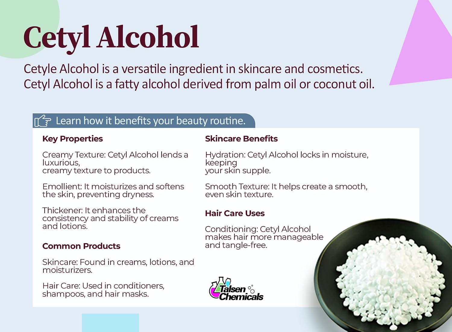 Cetyl Alcohol Cosmetic Grade 16 Ounce / 453 Grams - Cetyl Alcohol Emulsifying Wax Organic for Lotion Making & Thickener for Skin Care Products, Moisturizing Ingredient for Dry Skin by Talsen Chemical