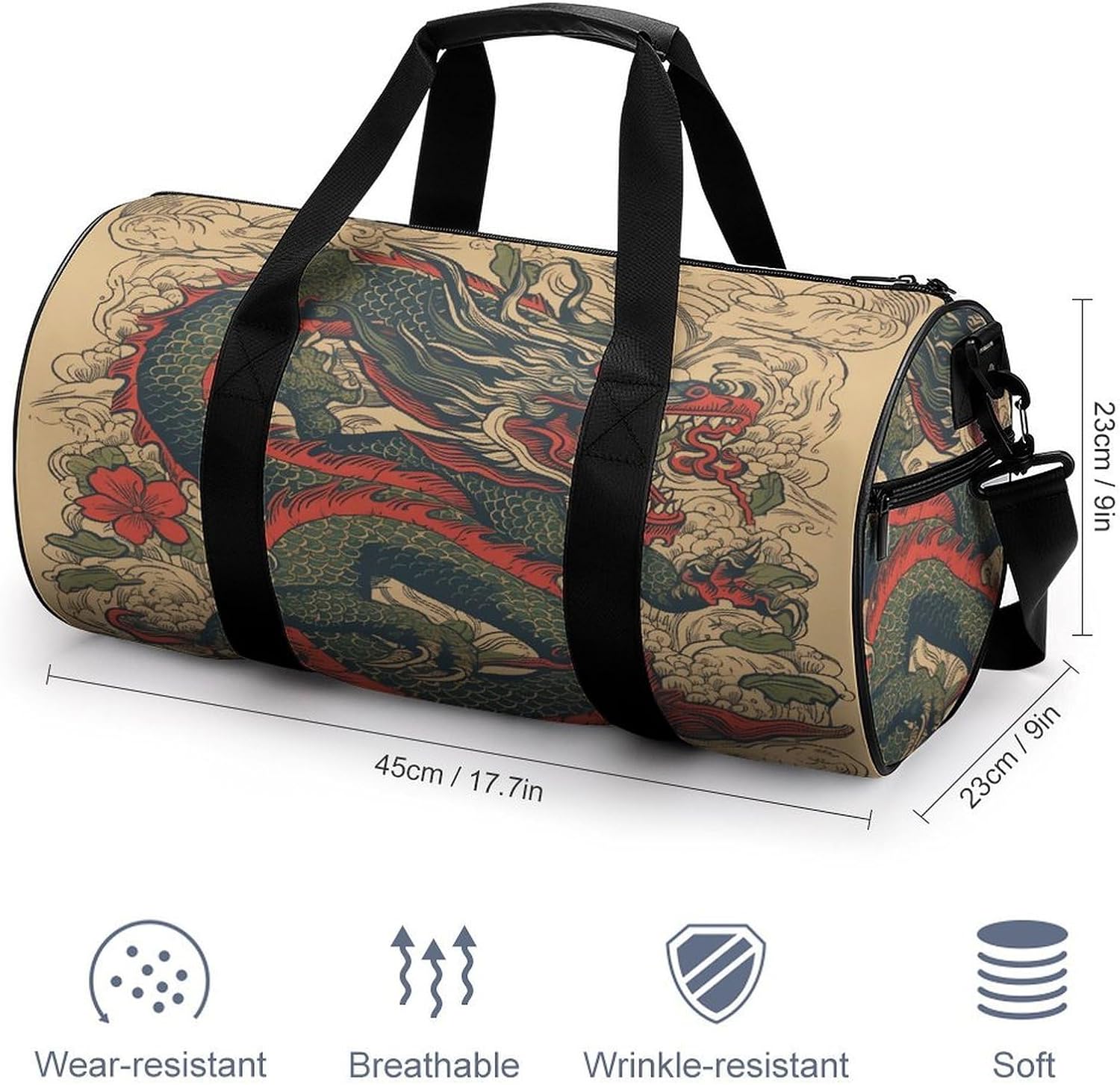 Beige Dragon Pattern Gym Bag Duffle Bags Weekender Overnight Bag image 2