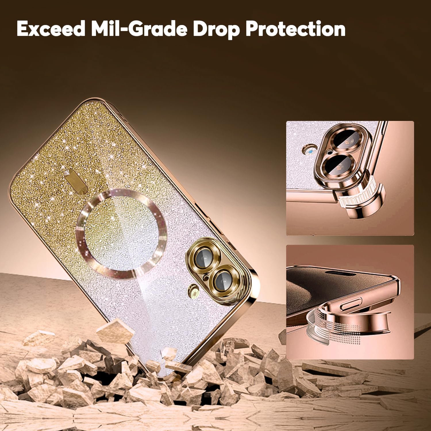 Glitter Designed for iPhone 17 Case 6.3"[Privacy Screen Protector*1],Compatible with MagSafe,with Camera Lens Protector,Magnetic Slim Bling Sparkly Anti-Scratch Case Gold - Image 9