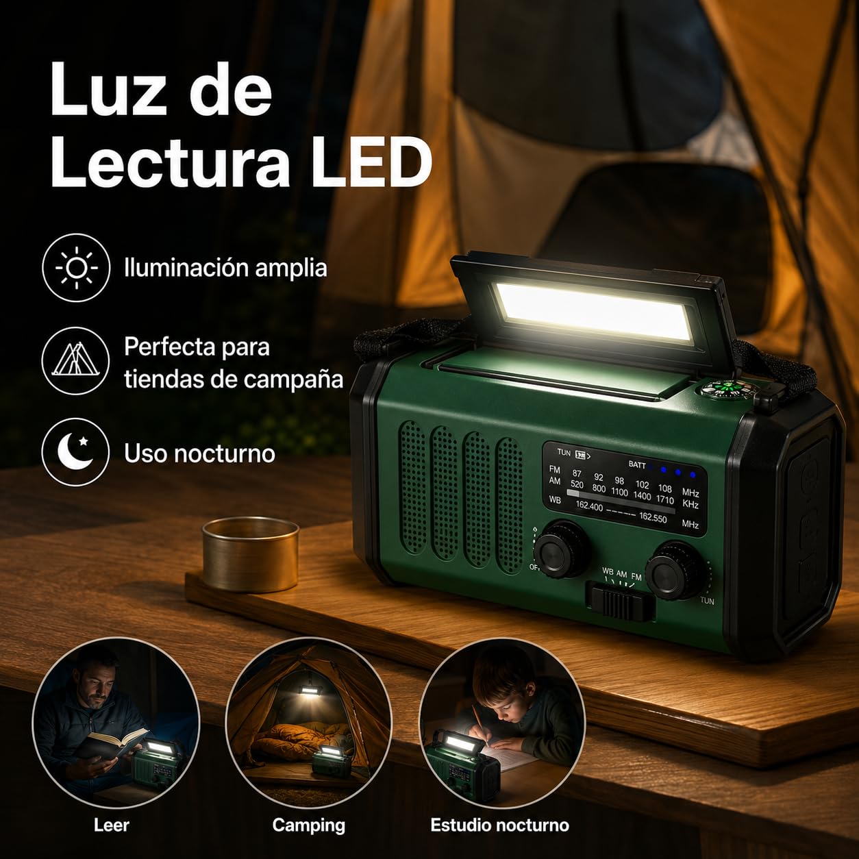 Winnes 20000 mAh Radio de Emergencia Portátil,Radio FM/Am con lámpara de Lectura, Alarma SOS, brújula,generador de manivela y Carga Solar, para Exteriores Carga de Emergencia para Smartphones (Verde)