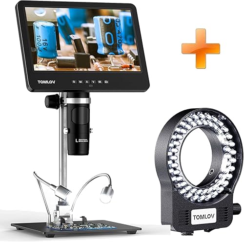 TOMLOV Microscopio digital HDMI DM601 + luz de anillo, microscopio de soldadura de 3 lentes, microscopio de moneda vista completa, pantalla IPS