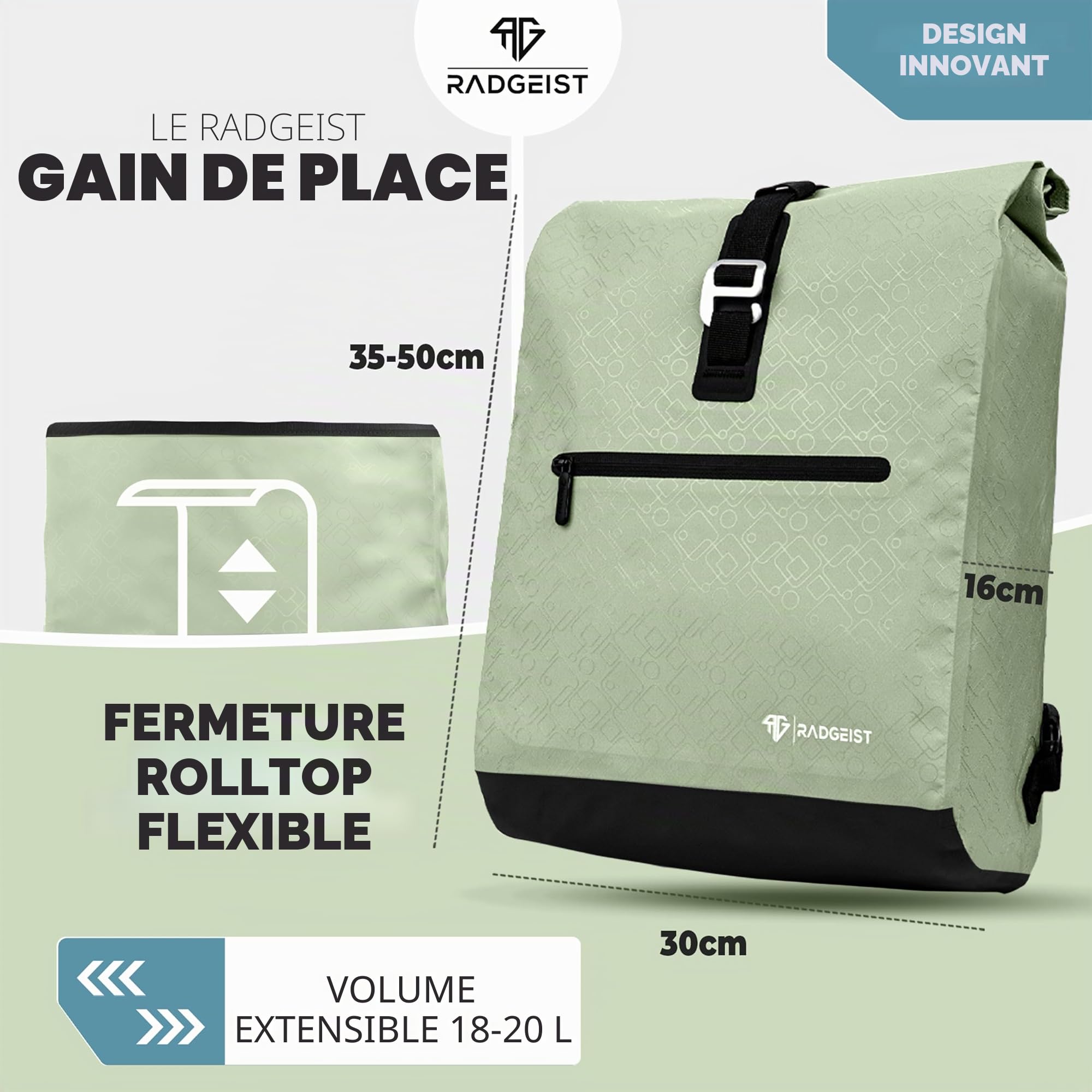RADGEIST Sacoche de vélo pour porte-bagages I Sacoche pour porte-bagages & Sac à dos - Sac à dos pour vélo - Sac latéral pour vélo 100% étanche I Sacoche de vélo pour femmes & hommes 20L, menthe, 20 l
