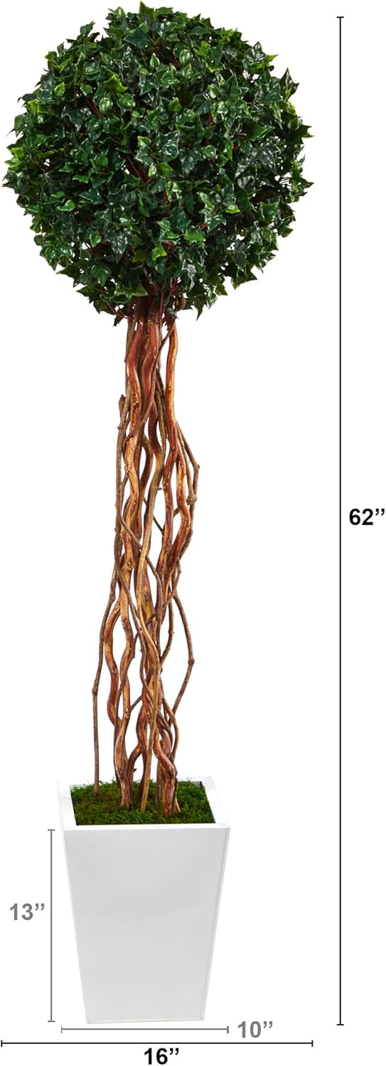 Nearly Natural 62in. English Ivy Single Ball Artificial Topiary Tree in White Metal Planter UV Resistant (Indoor/Outdoor)