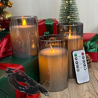 Rechargeable Flameless Candle, Flickering LED Pillar Real Wax Candle, Electronic Candle with Remote Control and Timer, USB Rechargeable Gray Glass Candle, Set of 3