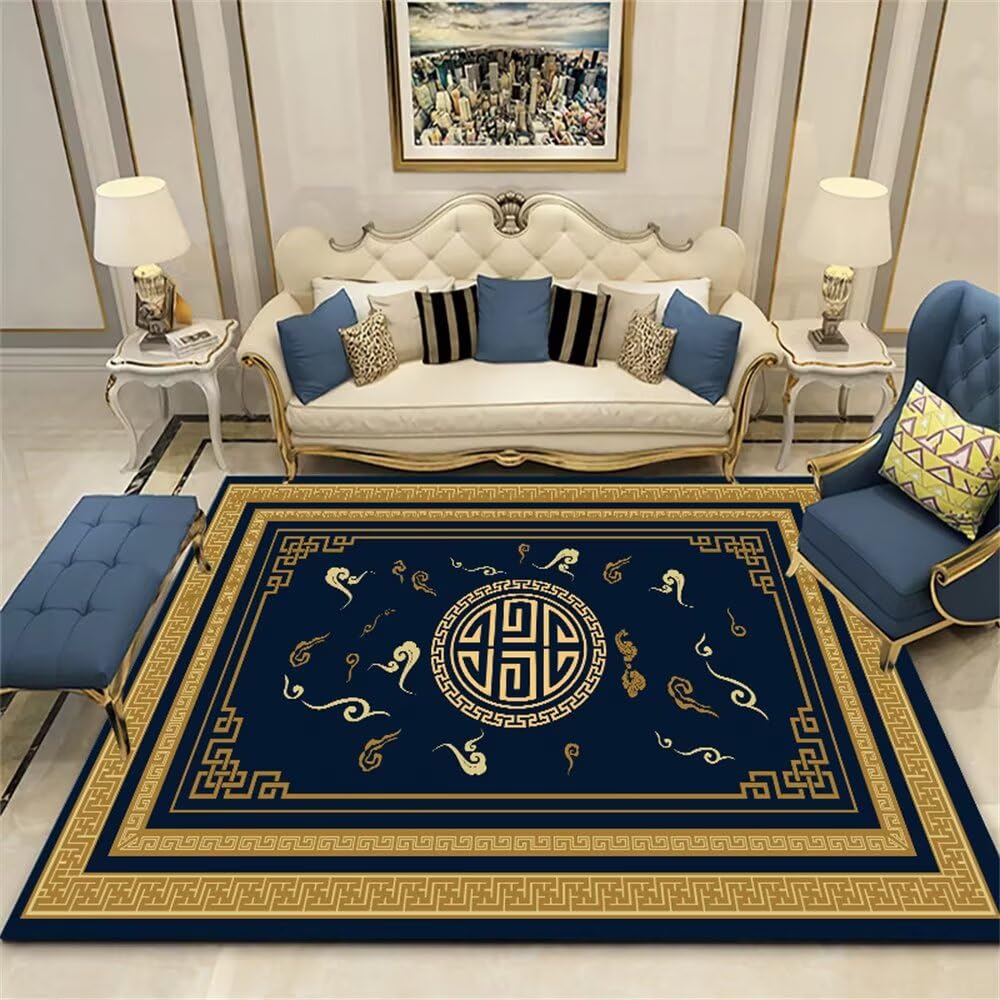 Tapis de décoration jaune et bleu pour égayer un salon sombre et froid