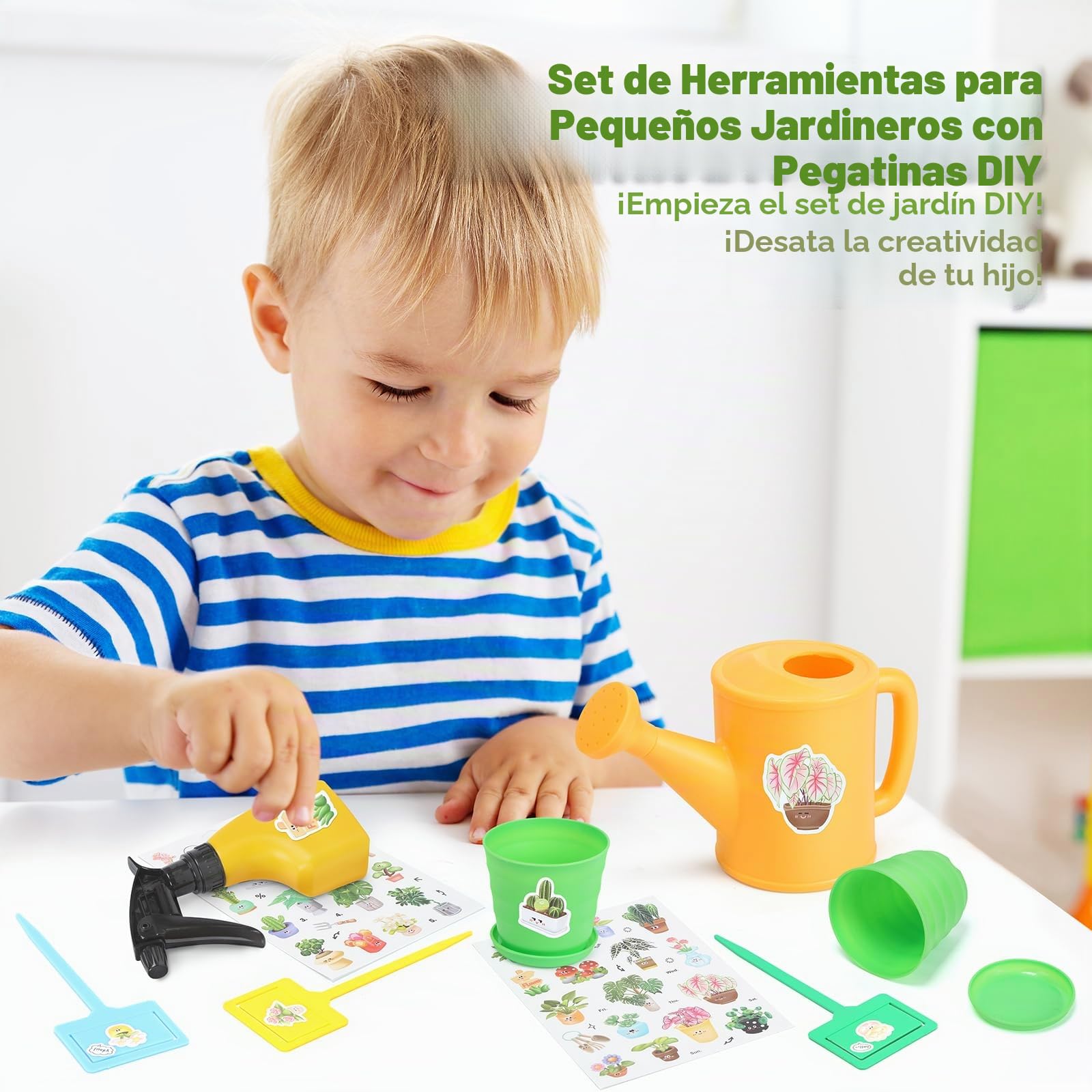 Juego de Jardín para Niños 2 Años con Herramientas Jardinería Kit, Regadera, Pala, Rastrillo, Guantes, Delantal, Pegatinas DIY