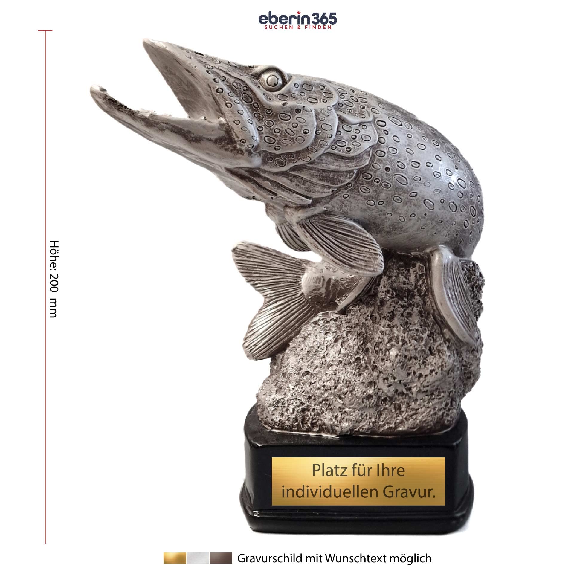 20 cm Angler Pokal mit Wunschtext - Hecht Raubfisch Trophaee in Silber