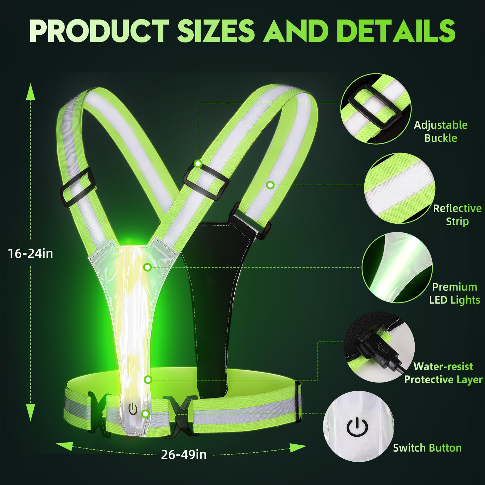Reflektierende LED-Weste für Laufen, Wandern, Radfahren und Nachtaktivitäten, 5 bunte Lichter, hohe Sichtbarkeit, wiederaufladbar, Unisex, Einheitsgröße