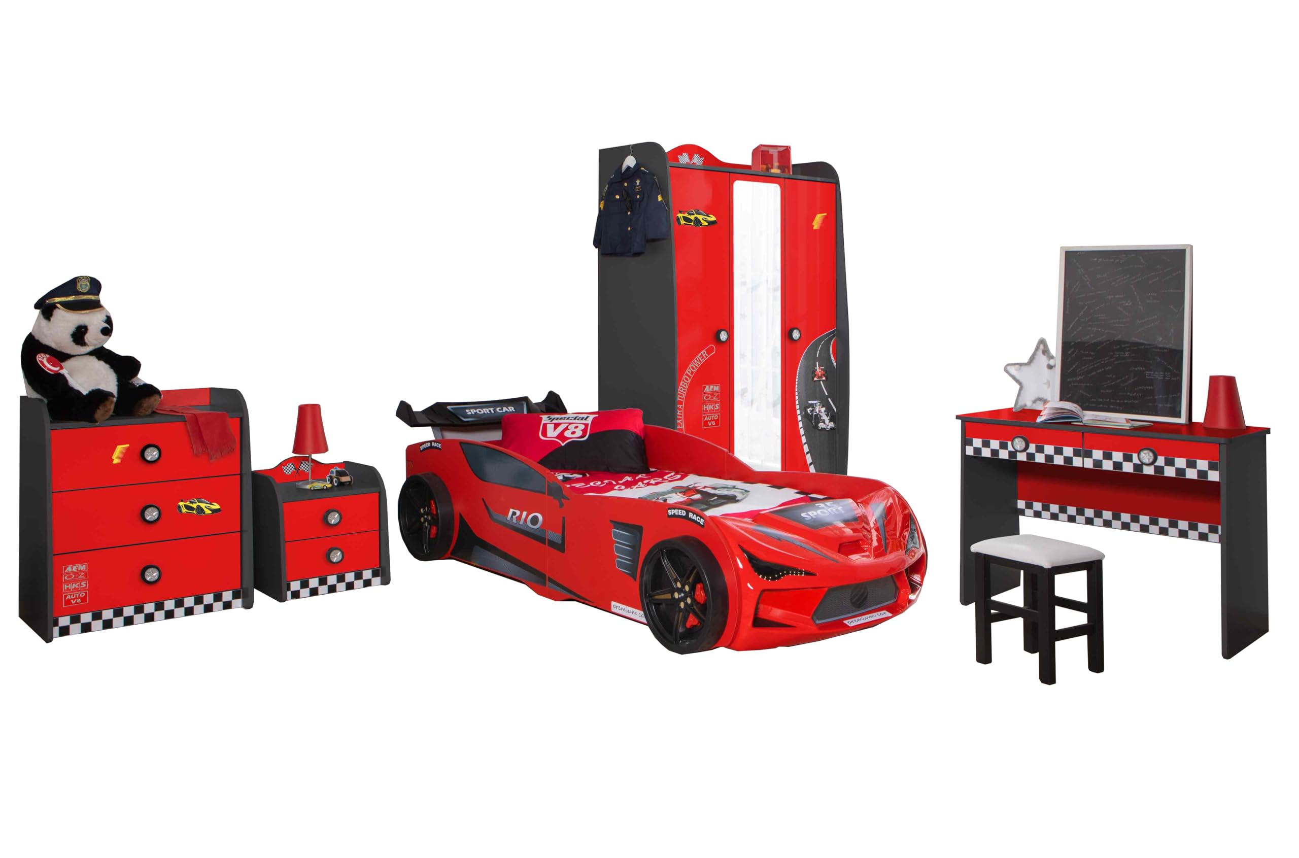 Kinderzimmer Komplett Set Jugendzimmer Kindermöbel 5 teilig mit Autobett Rio (inkl. Wandregal)
