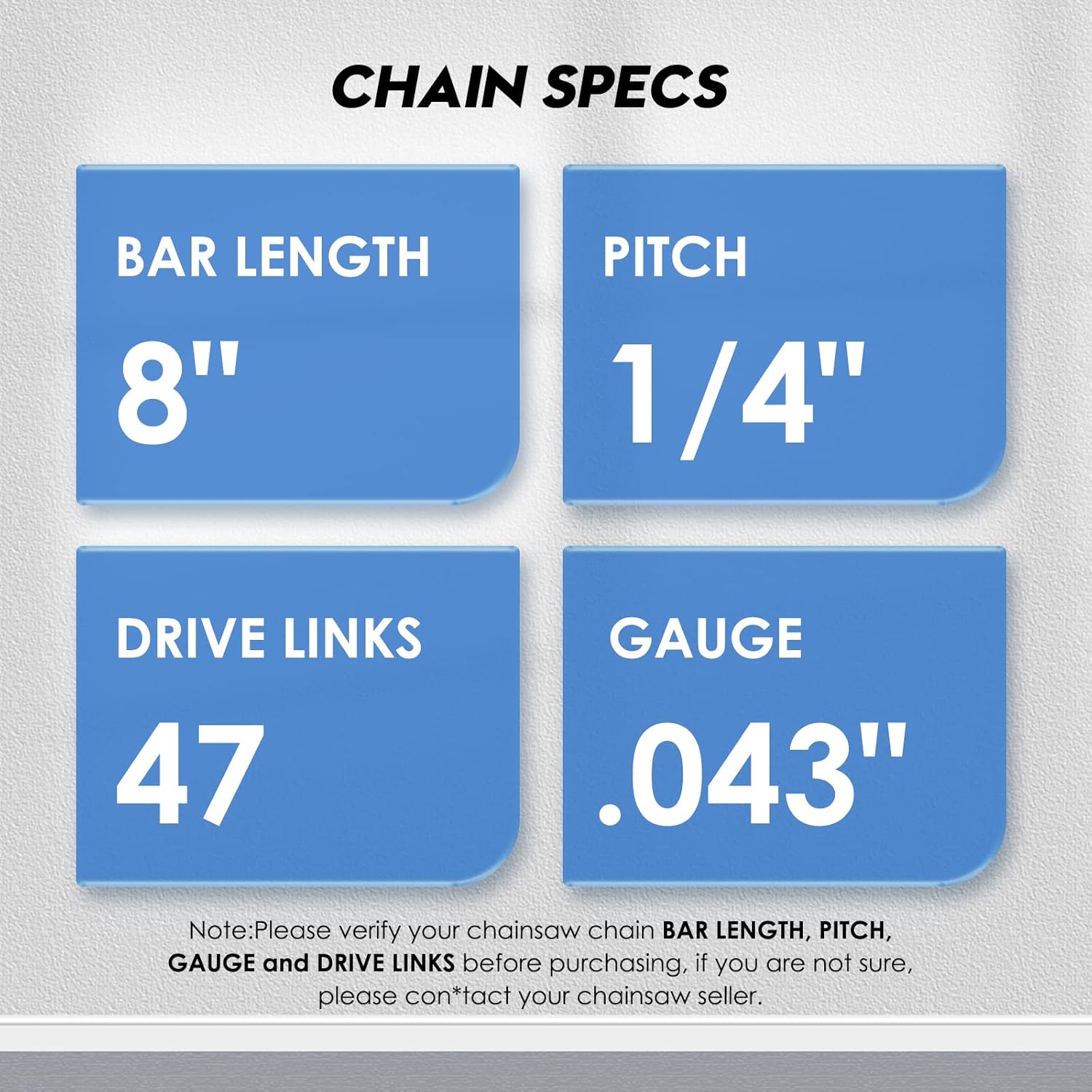 Chainsaw chain specifications: bar length, pitch, drive links, gauge