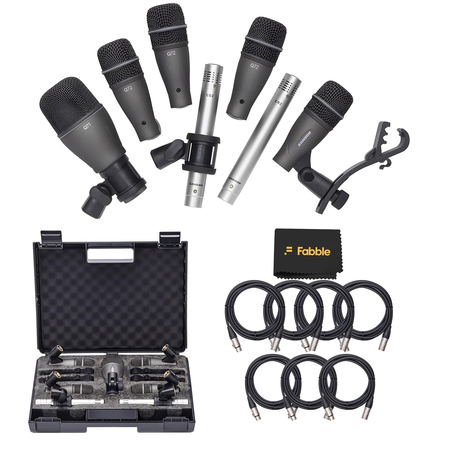 SAMSON DK707 7-Piece Drum Microphone Kit Bundle with 7 Premium 10-Foot XLR Cables, Swivel Mic Adapters, Rim Clips, Hardshell Carrying Case, and Microfiber Instrument Care Cloth