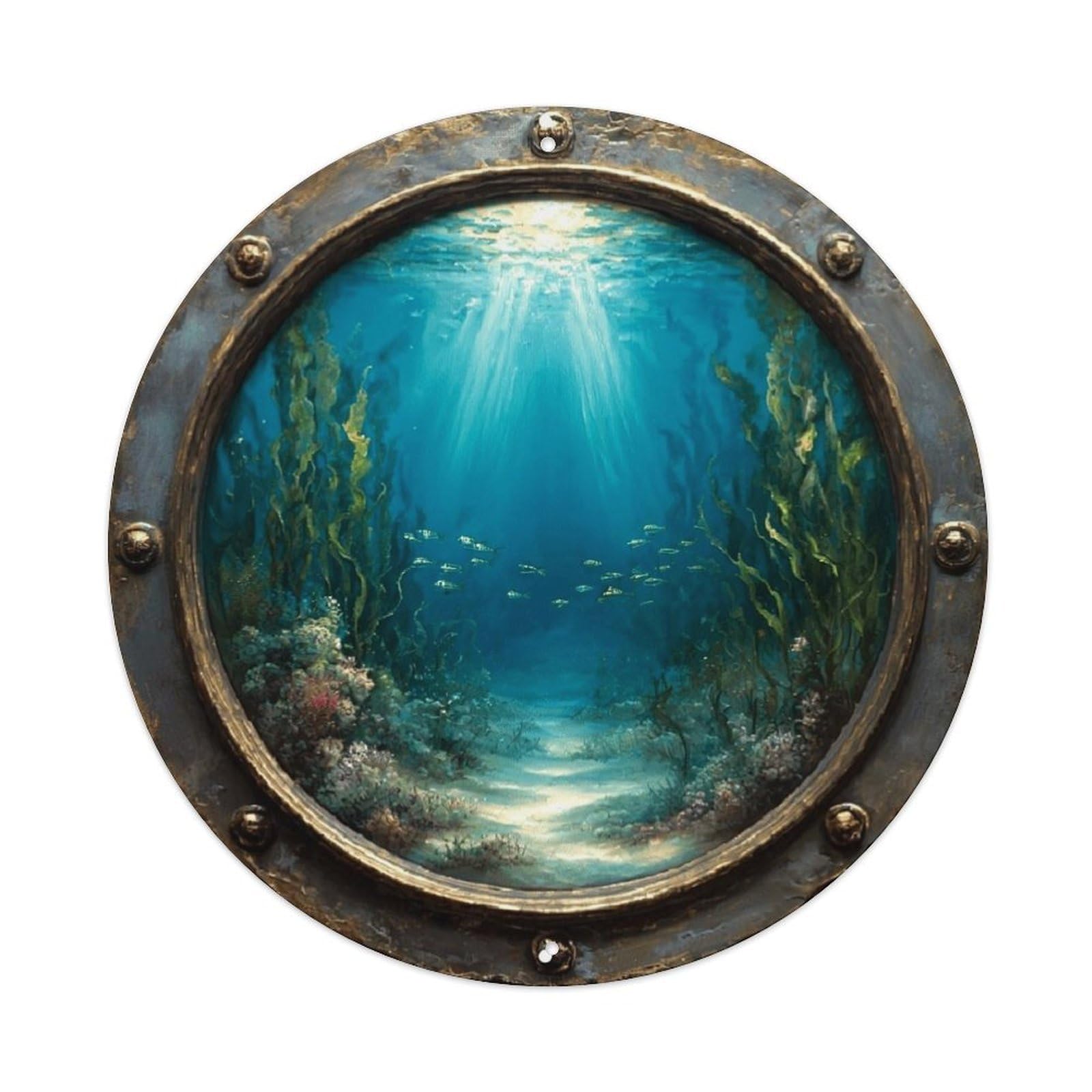 Nestemfo Vintage Underwater Scene Through Porthole View Round Tin Sign Metal Sign, Living Room,Bar, Home, Bedroom Wall Decor,Retro Circle Metal Poster 8X8 Inches