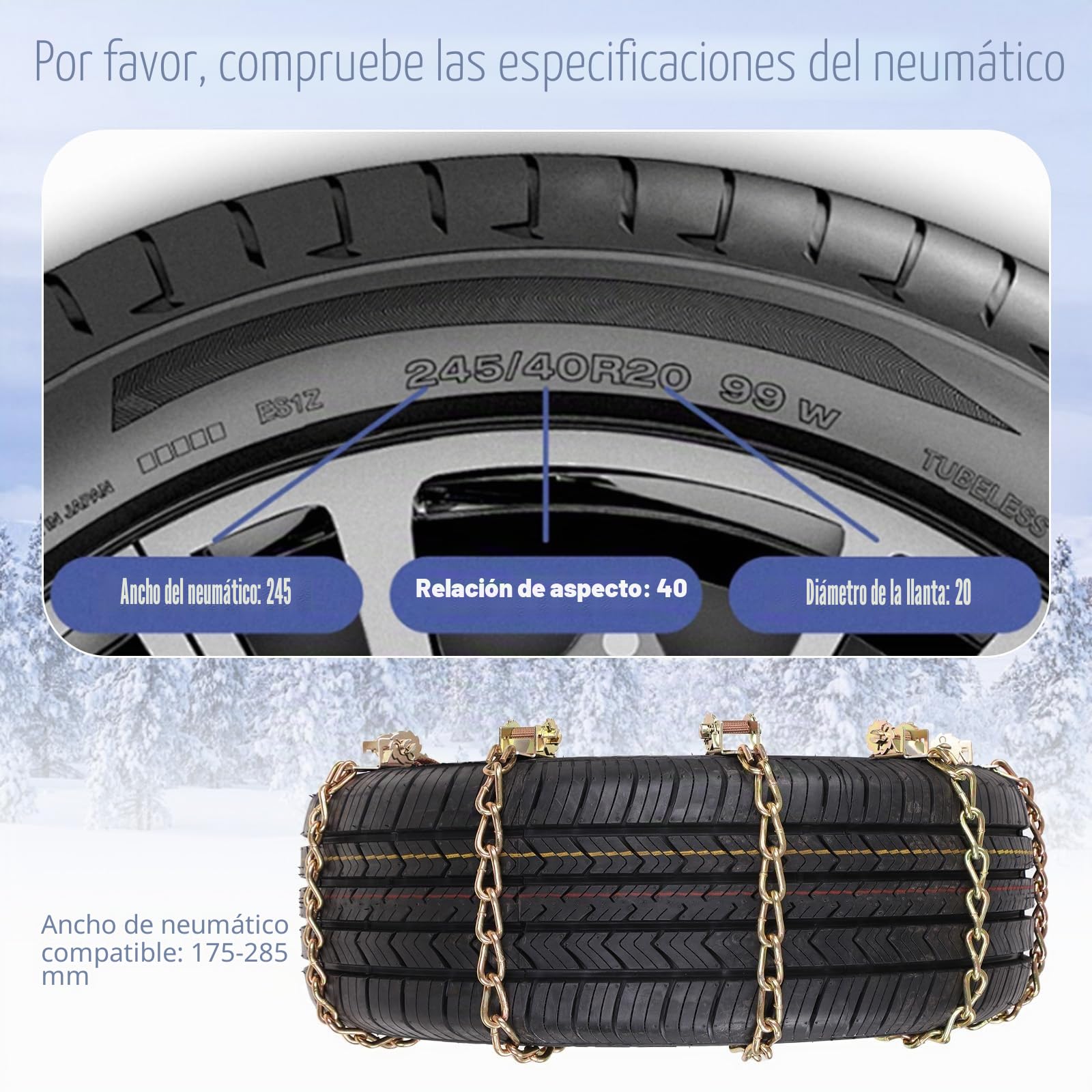8 piezas de cadenas de nieve de emergencia universales para ancho de neumático de 175-285 mm, antideslizantes, para la mayoría de coches, SUV y camiones
