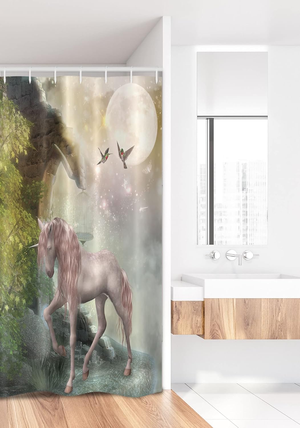 Ambesonne Hummingbirds Stall Shower Curtain, Unicorn Green Spring Leaves Birds Twinkling Star Moon Mystic Fantasy, Fabric Bathroom Decor Set with Hooks, 36" W x 72" L, Dark Eggshell Fern Green