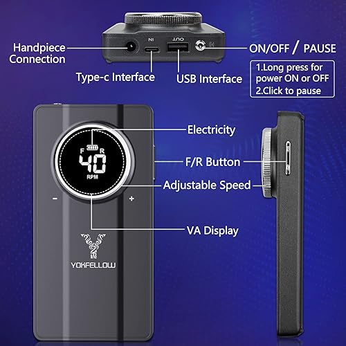 Miniatura 3 de Yokefellow - Taladro de uñas, 40,000 RPM recargable y de escritorio portátil para grabado de vidrio, herramientas de pluma gris