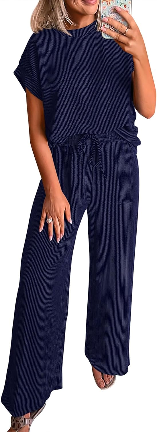 KIRUNDO 2 Piece Sets for Women Dressy Casual Ribbed Knit Short Sleeve Tops Wide Leg Pants Lounge Set Travel Airport Outfits