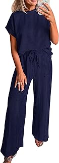 2 Piece Sets for Women Dressy Casual Ribbed Knit Short Sleeve Tops Wide Leg Pants Lounge Set Travel Airport Outfits