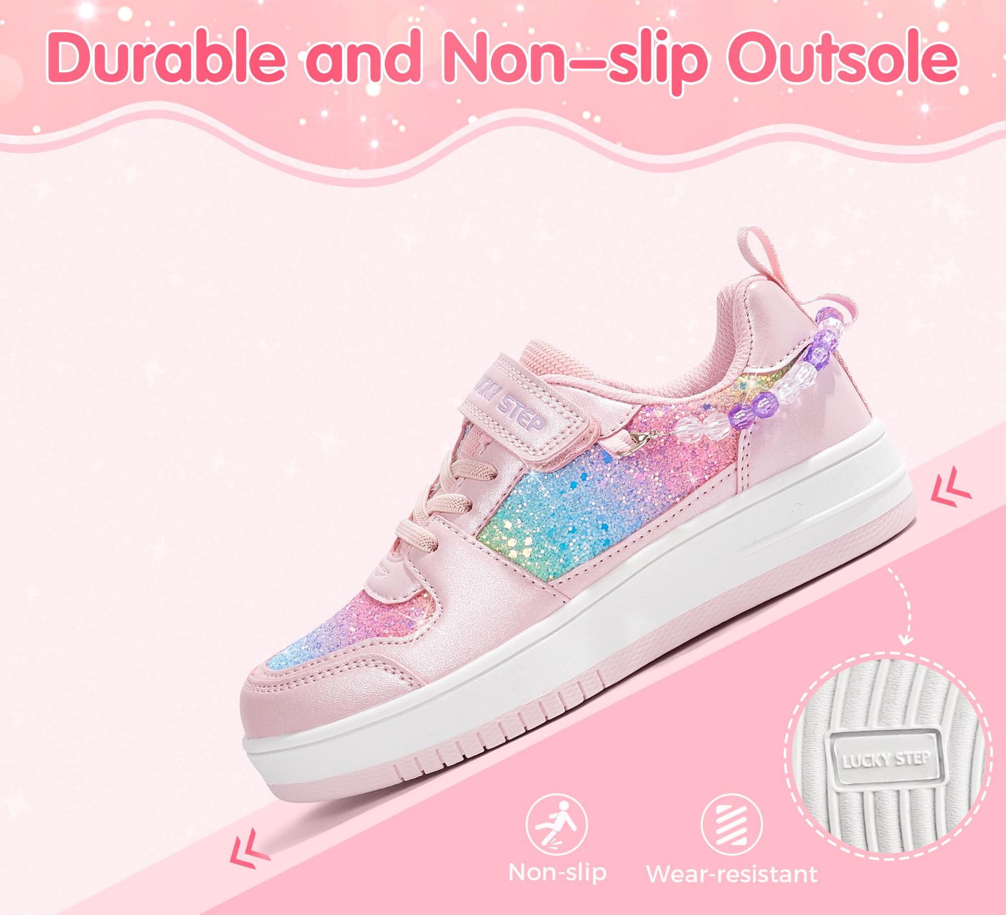 LUCKY STEP Zapatillas Brillantes para Niñas con Cierre Autoadhesivo y Cuentas, Deportivas para Escuela/Fiestas, Zapatos Deportivos con Purpurina para Niñas/Niños
