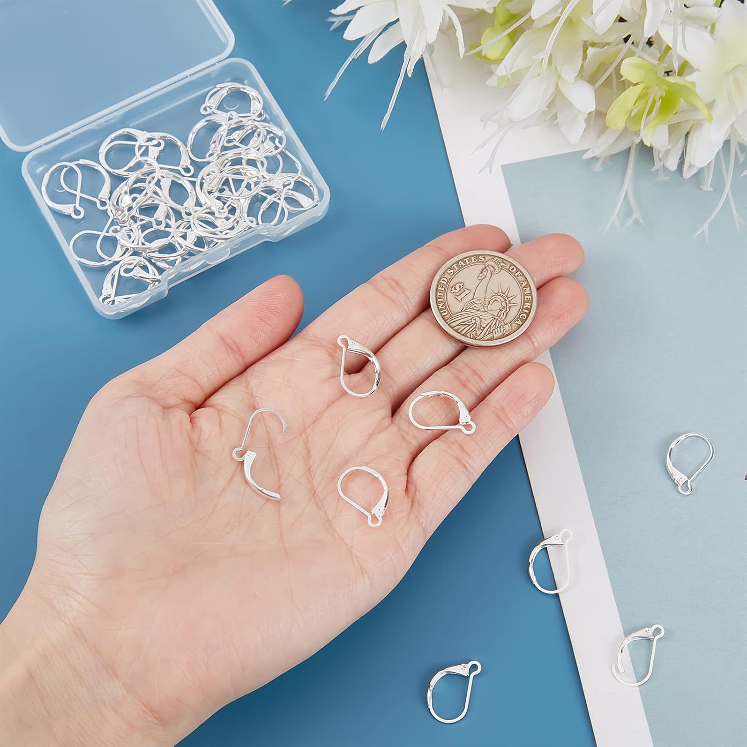 Beebeecraft 1 Box 50Pcs Leverback Earring Findings 925 Sterling Silver Plated Clasp Earring Hooks 15.5x10mm Ear Wire Clip Earring Connector for Jewelry Making - Image 3
