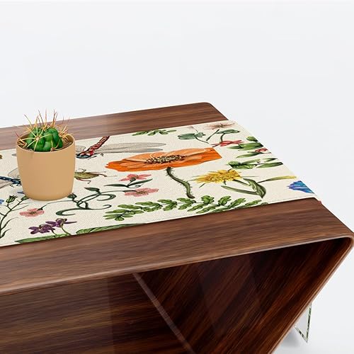 Miniatura 6 de Table Runner Flower Butterfly Dragonfly, Rustic Linen Table Cloth for Farmhouse Kitchen, Dinner, Events, Party, Holiday Table Decor 13 x 36 Inches