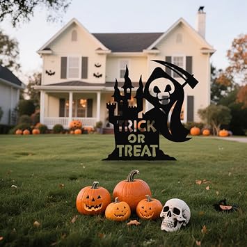 Grim Reaper Metal Yard Stake Decor - Black Skeleton with Scythe Silhouette for Gothic Haunted House Yard, Garden, or Porch, Weatherproof & Easy Setup Metal Decor Sign with "Trick or Treat" Cutout