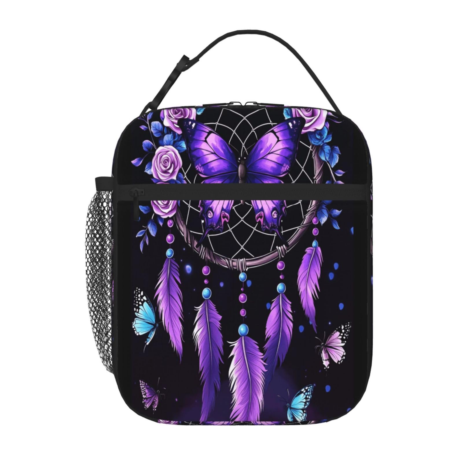 Entemne Purple Butterfly Dream Catcher Lunch Bag for Kids Men Women Insulated Lunch Box Bag Small Cooler Tote Water-Resistant Thermal Leak-Proof Meal Bags for Work Picnic School