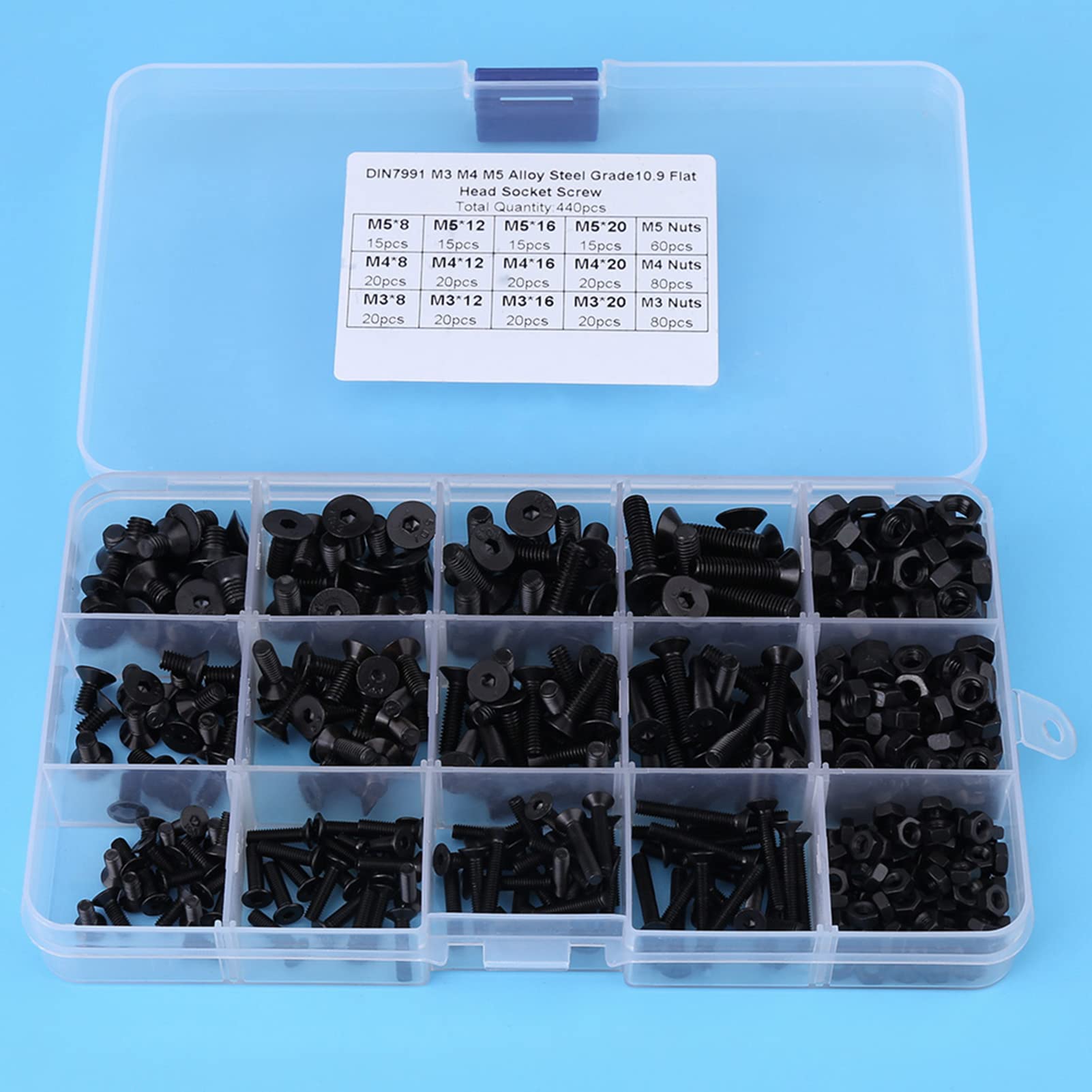 Juego de tornillos y tuercas de cabeza plana M3, M4, M5, de aleación de acero, 440 unidades, con caja de plástico, color negro